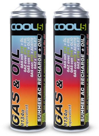Cool5 Kit de reparación de Aire Acondicionado (Repuesto de refrigerante y Aceite (R134a y R12) para Coches 1995 – 2016 – Alto Rendimiento (2 latas 2 en 1 290 g R134a Coches 1995-2016)