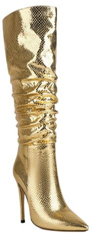 WOkismD Kniehohe Lange Stiefel für Damen, Stiletto-Absätze, breite Wade, hohe Stiefel mit spitzer Zehenpartie und Absatz, PU-Leder, Herbst-/Winter-Abendschuhe,Gold,38