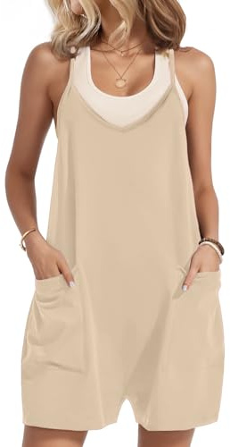 Zeagoo Dungarees for Women UK Loose Cotton Summer Jumpsuits Elegant Solid Pockets Overalls Adjustable Strap Dungarees Shorts Beige XL