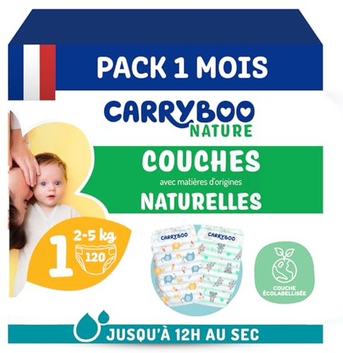CARRYBOO - Couches Taille 1 (2-5kg) - Peaux sensibles - Naturelles et Ultra absorbantes - 12h Anti-fuites - Sans ingrédients indésirables - Fabriquées en France - 120 Couches Jetables - Pack 1 Mois