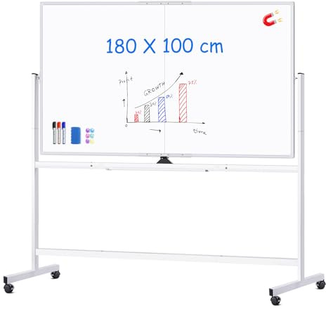 maxtek Tableau Blanc Mobile 180 x 100 cm, Grand Tableau Blanc Magnétique avec Supports, Double Face Effaçable à Sec, Cadre en Aluminium pour l'école à Domicile, le Bureau à Domicile, le Bureau