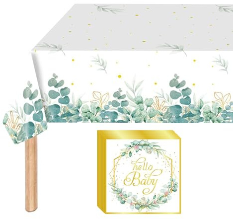 Qaziuy Green Baby Shower Tablecloth with Napkins, Neutral Baby Shower Table Cloth Decorations Baby Shower Napkins Serviettes for Baby Shower Gender Reveal Party Supplies