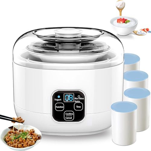 Yogurtiera Completamente Automatica, Yogurtiera Definitiva, con Contenitore Interno da 1L + 4 Tazze, Temperatura Costante Automatica + Timer, per Preparare Yogurt, Natto, Vino di Riso