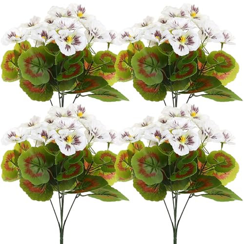 Künstliche Begonien, 4 Stück, UV-beständig, lichtecht, für Garten, Veranda, Fensterkasten, Sommerdeko, Zuhause(Weiß)