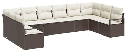 vidaXL Trädgårdsoffset med kudde 10 pcs Brun och vit konstrotting, Trädgård och terrass, modern rattansoffa, modulär utemöbel, hållbart lounge-set för bekväm uteplats