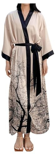 Generisch Kimono de seda de lujo de satén con estampado floral para mujer, sensación fresca, manga 3/4, bata de baño, bata de noche cálida, beige, Talla única