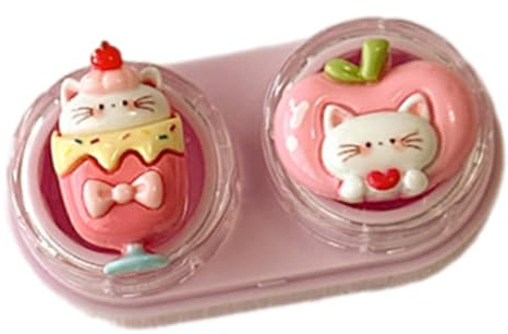 Étui à lentilles et outil de retrait compact en caoutchouc pour les yeux, facile à transporter, applique les contacts en toute sécurité, Chat tasse rose