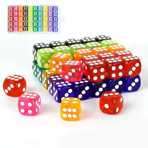 Lot de 50 Dés de Couleurs, 14mm Jeu de Dés en Acrylique Translucide Multicolore, Dés de Coin Arrondis À 6 Faces avec Étui de Rangement pour Les Jeux De Société, Les Jeux de Mathématiques et Les Fêtes