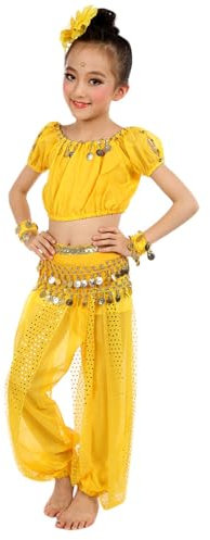 2025 Handgemachte Mädchen Bauchtanz Kostüme Bauchtanz Tanz Tuch Shirt Set (Yellow 8-9 Years)