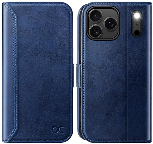 OCASE Étui Coque pour iphone 17 Pro Max (6,9 Pouces) Rétro Bleu | Blocage RFID, Coque à Rabat, Fermoir Magnétique, Housse Portefeuille en Cuir PU, Béquille, Fentes Cartes, Protection Antichoc