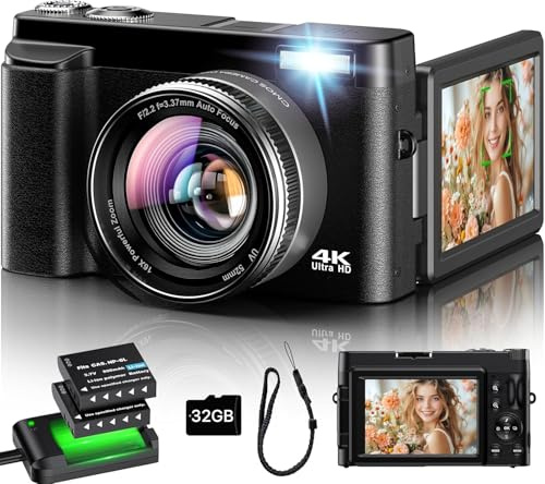 Cámara Digital 4K, 48MP 16X Zoom Camara de Fotos, Cámara Compacta con Enfoque Automático, Flash, Visión Nocturna, Cámara Fotográfica con Cargador de Cuna, 2 Baterías, 32GB Tarjeta para Principiantes