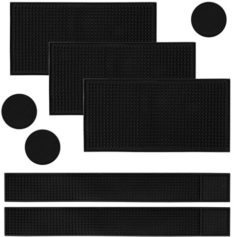 WeeGoo 8 PCS Rubber Bar Service Mats Set, 3 Sizes Non Slip Bar Mat, Black Rubber Bars Spill Mat for Kitchen Home Pub Restaurant Coffee Table