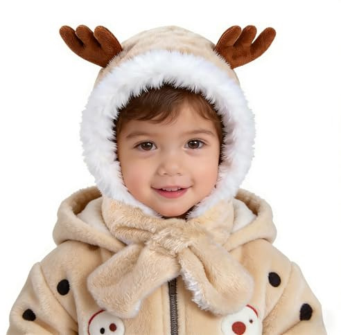 ZLLkeji Sombrero de Invierno Niñas Gorro con Capucha y Bufanda Integrada de Reno Gorro Bufanda 2 en 1 para Bebé 0-4 Años Suave Felpa Pasamontañas Niño con Cuernos Caqui