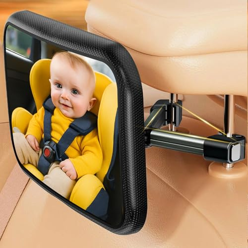 Espejo Coche Bebe con Sujeción Clip de Gancho, 360° Giratorio Ajustable, 100% Irrompible, Vista Cristalina, Seguridad Accesorios, Antivibración, Retrovisor para Asiento Trasero