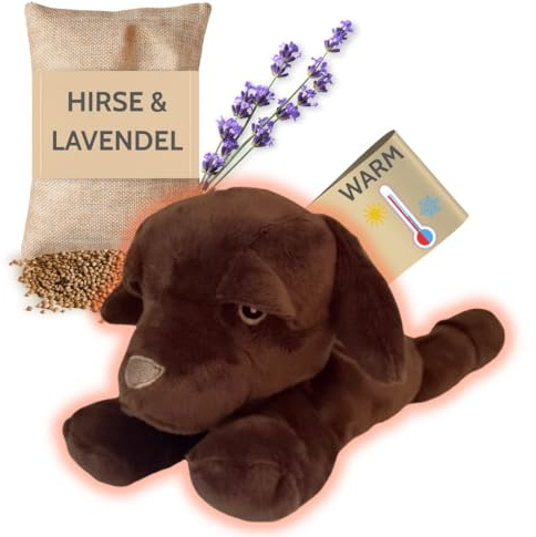 Habibi Premium MIDI Deluxe 2042 Mini Labrador Coussin chauffant en peluche pour bébés et enfants Rembourrage amovible en millet Pour réchauffer au micro-ondes Convient également aux adultes (Labrador)