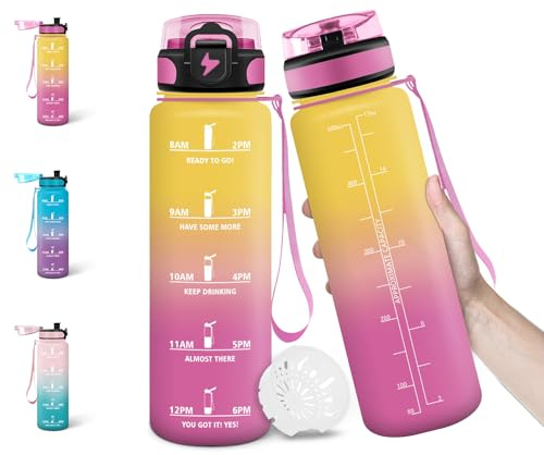 Motswedi Trinkflasche, 500ml BPA-Frei, Wasserflasche, Auslaufsicheres Schlossdesign, Trinkflaschen Auslaufsicher, Mit Zeitmarkierung, Kinder Trinkflasche für Schule, Alltag - Gelb&Rosa