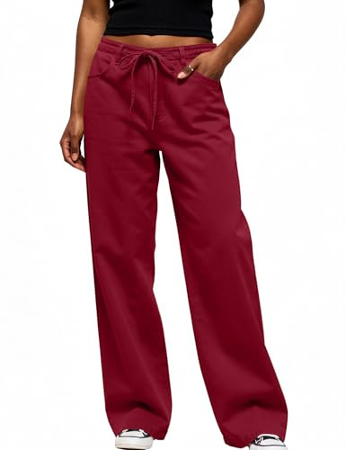 Rapbin Wide Leg Pants for Women Deep Red Y2K Low Rise Trousers with Belt Loop Drawstring Breathable Twill for Trendy Street Casual Outfits