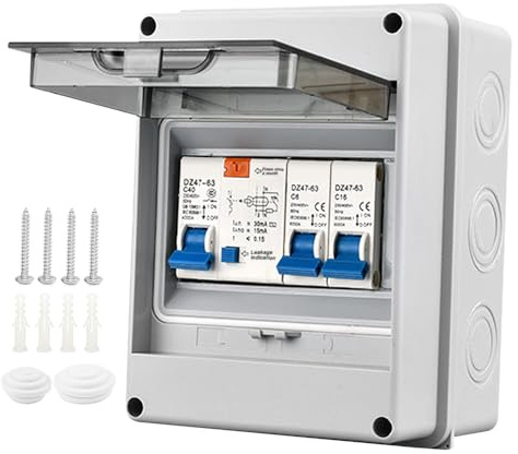 2 Way Consumer Unit Circuit Breaker, IP65 Weatherproof Garage Consumer Unit, Anti-Leakage Fuse Box with Circuit Protection, for Garages Caravans Workshops, 40A 30mA RCD 6A+16A MCB