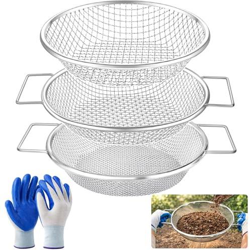 Soil Sifter for Gardening 3Pcs Compost Sifter 3 Mesh Sizes 1/8 1/4 3/8Heavy Duty Dirt Sieve Fits 5 Gallon Buckets Garden Sifter with Handle for Rocks Dirt and Organic Material
