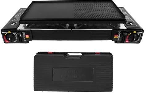 Campingspis med 2 ljuskällor, 2 100 – 2 500 W, bärbar campinggasspis, 100 g/h utomhus, camping, gaskokare, dubbelgasspis med grillskål och förvaringsväska, för grillfester på terrassen