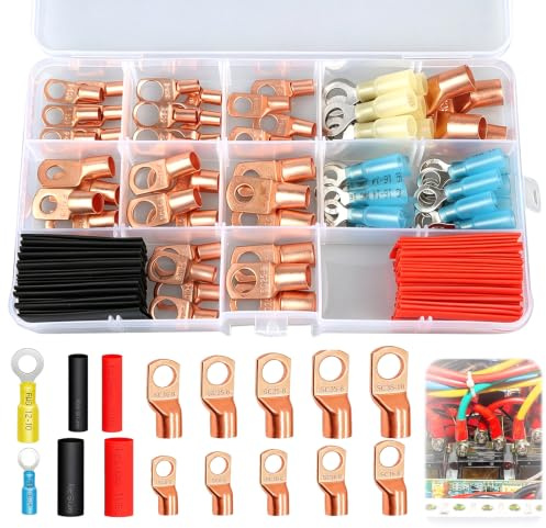 110PCS M6/M8 Kupfer Kabelschuhe Set, Ringkabelschuhe für 6/10/16/25/35 mm² | Rohrkabelschuhe mit Schrumpfschlauch, Crimpverbinder Kabelösen für Kfz Batteriekabel Verteilerkästen Solarmodule geeignet
