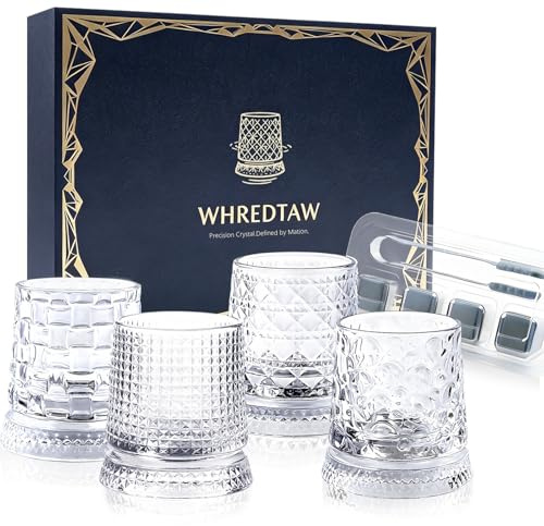 Whredtaw Juego de 4 vasos de whisky giratorios, juego de regalo de lujo con cubitos de hielo de metal, vasos de cristal giratorios de 360° sin plomo para whisky, bourbon y cócteles, caja de regalo