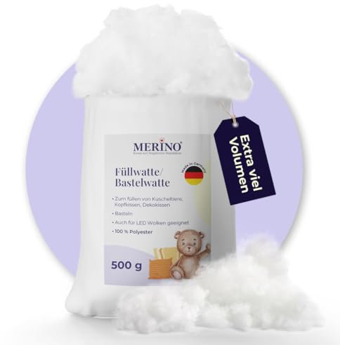 Merino® - Füllwatte 500g Beutel - Füllmaterial Watte aus 100% Polyester - Hochwertige Füllwatte für Kuscheltiere - Bastelwatte formbeständig und extra flauschig - Kissenfüllung extra ergiebig