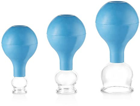 Pulox Schröpfgläser Set aus Echtglas mit Saugball - 3x Medizinisches Schröpfglas in Blau - 25mm, 32mm, 40mm