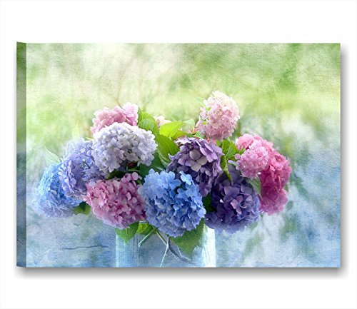 Quadri L&C ITALIA Quadro con Fiori Shabby Blu Viola Rosa per Soggiorno Moderno Camera da Letto Cucina Bagno 70 x 50 Stampa su Tela Canvas da Parete - Ortensie Vintage 2
