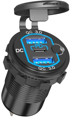 Aluminum 66W PD USB C Steckdose 12V Einbau: Qidoe Typ C USB Dose Buchse 12 Volt KFZ Zigarettenanzünder Adapter Wasserdicht USB Anschluss mit Schalter für Wohnmobil Auto Motorrad Boot LKW Wohnwagen