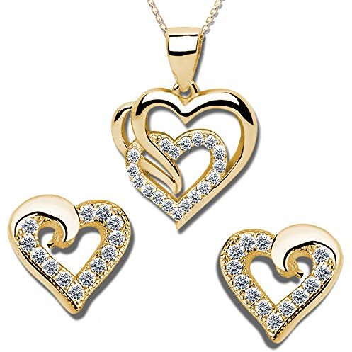 FANTASTIC NAILS COSMETIC COLLECTIONS Damen Schmuckset Ohrringe Hals-Kette mit Anhänger echt 925 Sterling Silber mit Zirkonia Frauen Mädchen Ohrstecker Herzkette Gold K599+K601+ 42cm +V8