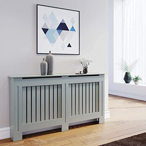 ELEGANT Radiator Cover Horizontal Slat Radiator Shelve Grey Painted Modern MDF Cabinet for Living Room Bedroom, Large | Grey Painted Modern MDF Cabinet for Living Room Bedroom Hallway, Large