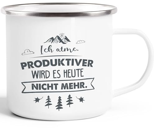 MoonWorks Emaille Tasse Becher Ich atme Produktiver wird es heute nicht mehr Spruch lustig Kaffeetasse Weiss-metall Emailletasse