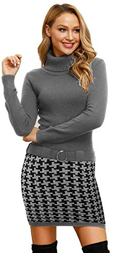 ELFIN Damen Rollkragen Pullover Kleid Elegant Winterkleid Strickkleid Knielang Minikleid mit Print-Rockteil Sweater Dress ,Grau/Schwarz L