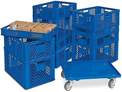 BRB 11 Eurobehälter/Stapelkörbe in 4 Höhen, PE-HD, blau, LxB 600x400 mm, H 90 mm/150 mm/240 mm/320 mm, inkl. Transportroller