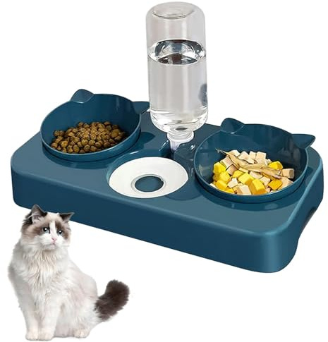 Doppelnapf für Katzen Futternapf, 3 in 1 Automatisierte Futternapf und Wasserspender für Katze Hund 8° Doppelnapf Reduzieren Sie Nackenschmerzen für Katzen und Hunde Abnehmbar (Blau)