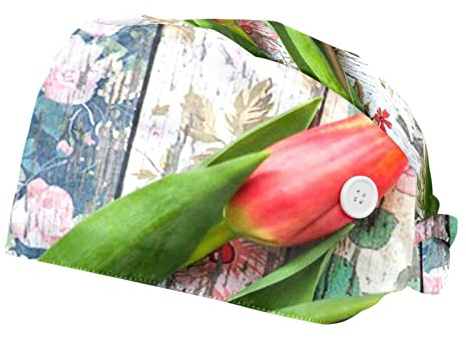 DHH166 2 confezioni di cappucci da lavoro con bottoni Fascia per il sudore regolabili Cappelli chirurgici per donne uomini, forbici da fiori retrò tulipano, Multicolore 1, Taglia unica