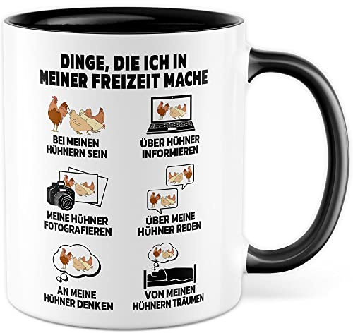 Hühner Tasse Henne Geschenkidee Kaffeetasse Huhn Geschenk für Hühner-Besitzer Kaffeebecher Hahn Becher (Weiß & Schwarz)