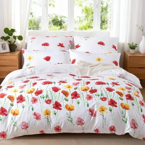 HENGWEI Juego de ropa de cama de 155 x 200 cm, 2 piezas, extrasuave, para cama individual, microfibra de alta calidad, funda nórdica con funda de almohada de 80 x 80 cm, amapola