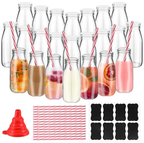 Tioncy Paquete de 20 botellas de leche de vidrio de 8.5 onzas con tapas y pajitas de plástico reutilizables, contenedor vintage para batidos de desayuno con etiquetas de pizarra y embudo para leche,