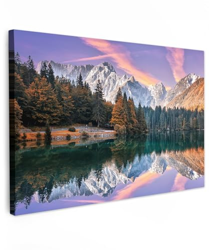 MuchoWow© Leinwand Groß XXL Deko Schlafzimmer Aesthetic Leinwandbilder | 120x80 cm - Wohnzimmer Gemälde Foto Geschenk Living Room Decoration Bilder Natur - Berge - Wald - Wasser - Himmel - Rosa