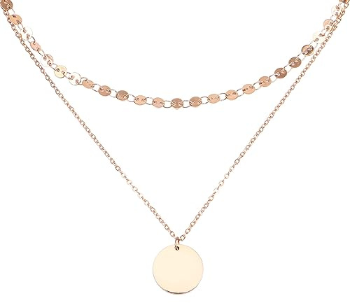 BaubleStar Doppel Layered Halskette Roségold Damen mit Runder Plättchen Anhänger aus Edelstahl Geschenk Schmuck für Frauen Mädchen