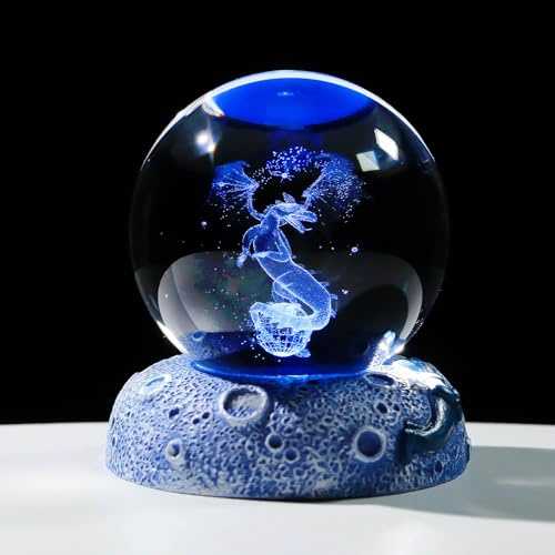 Movdyka 3D Gothic Dragon Figurine 2.36in Crystal Ball Gifts for Men Him | Engraved Glass Dragon Sphere Gifts for Adults, Space Lights Base, Dragon Lovers Keepsake, Birthday Halloween Home Ornaments