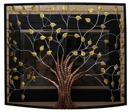 Pantalla Chimenea Puerta De Lugar Rústico De Fuego para La Chimenea De Leña, Guardia De Chispa Plana Independiente con El Árbol De La Vida Decorativo, Sala De Estar De Sala De Estar De Interior