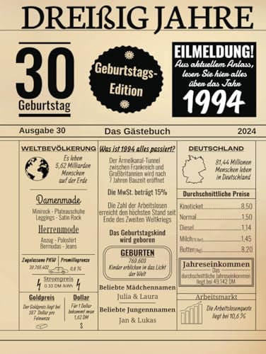 Dreißig Jahre Das Gästebuch: Zum 30 Geburtstag 2024 / Geburtsjahr 1994 / Zeitung Design Mit Ereignissen Jahrgang 94 / Geschenk Und Geburtstagsdeko / ... Und Fotos Einkleben / Geburtstagszeitung