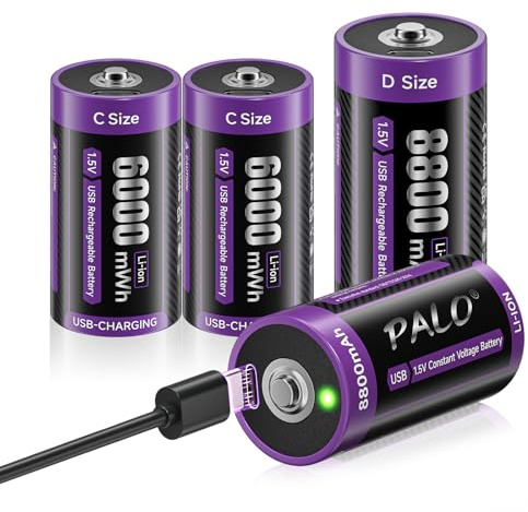 Mspalocell 4 Pack USB-C 1.5V lithium batteries D 8800mAh mono LR20 & C batteries 6000mWh LR14, quick charge type-C battery with charging light charging cable, low self-discharge, 1500+ cycle