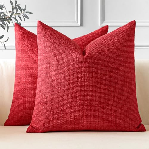 JOTOM 2er Set Leinen Kissenbezüge, Dekorative Weich Einfarbig Wurf Kissenbezug Moderne Kissenhüllen Sofakissen Dekokissen Zierkissenbezug für Wohnzimmer Schlafzimmer Deko (50x50cm, Rot)