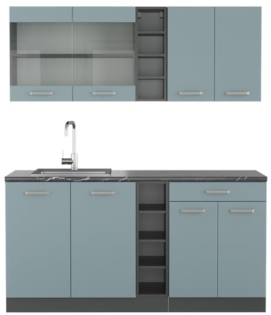 Vicco Singleküche R-Line, Blau-Grau/Anthrazit, 160 cm | 6 Module · Höhenverstellbare Füße · Ohne Arbeitsplatte · Robuste Fronten · Mit offenen Regalen · Frei kombinierbar