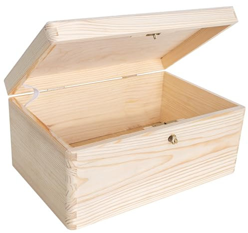 Creative Deco Large Plain Wooden Storage Box | 30 x 20 x 14 cm (+/-1 cm) | with Lock, Hinged Lid & Key | Unpainted Gift Christmas Xmas Box | ROUGH & UNSANDED Wood Keepsake Memory Craft Chest