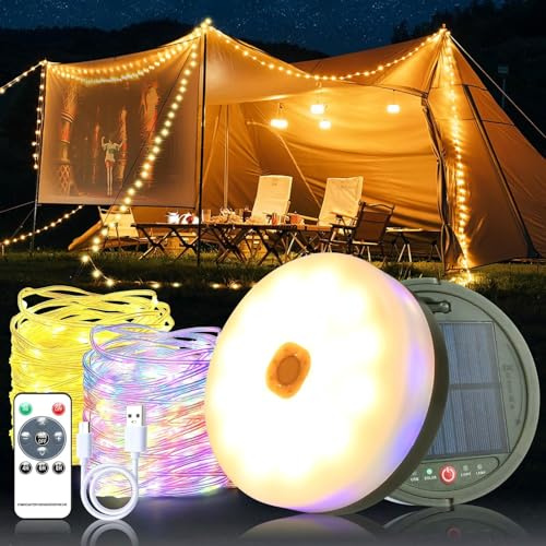 Camping Lichterkette Aufrollbar Solar - 10m 3600mAh Wasserdicht USB Wiederaufladbare, Lichterkette Außen, Warmweiß + RGB Mit 8 Beleuchtungsmodi, IP65 Wasserdichte, Garten, Wandern